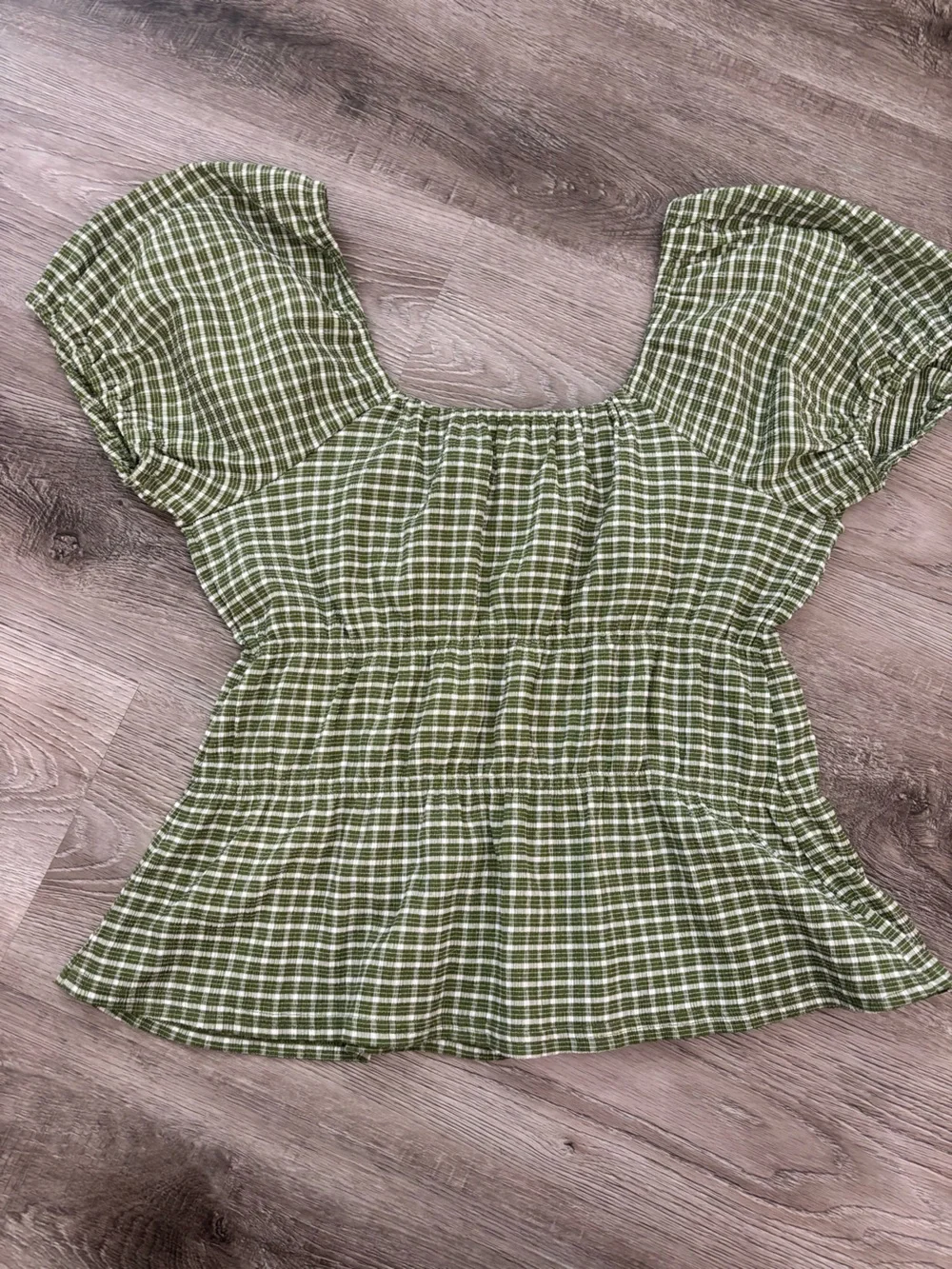 Madewell Green  Gingham Plaid Puff Sleeve Peplum Blouse size medium